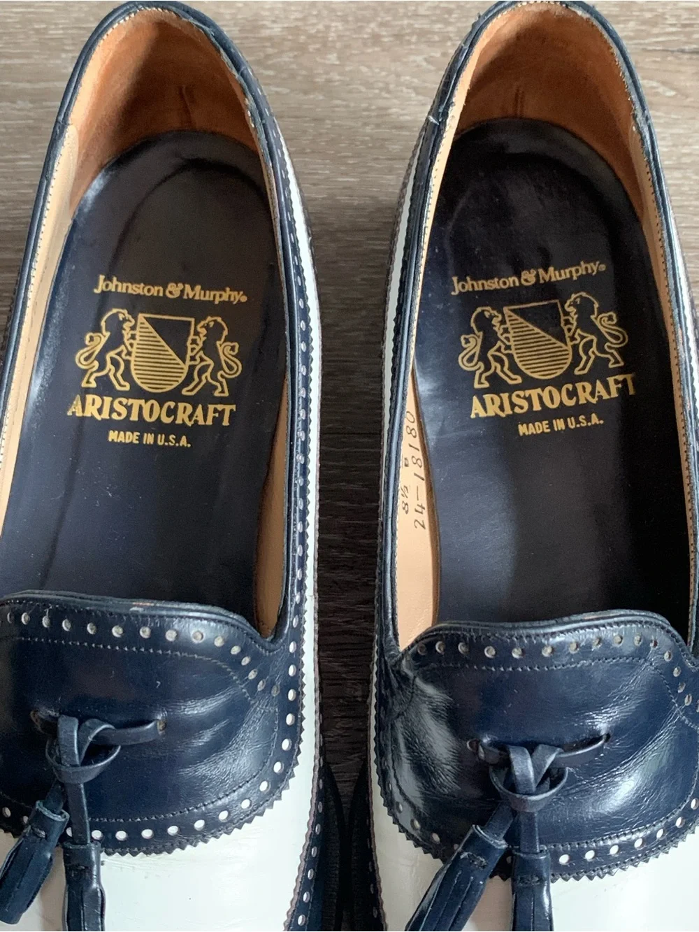 Johnston & Murphy Navy and White Tassel Wingtip Loafers